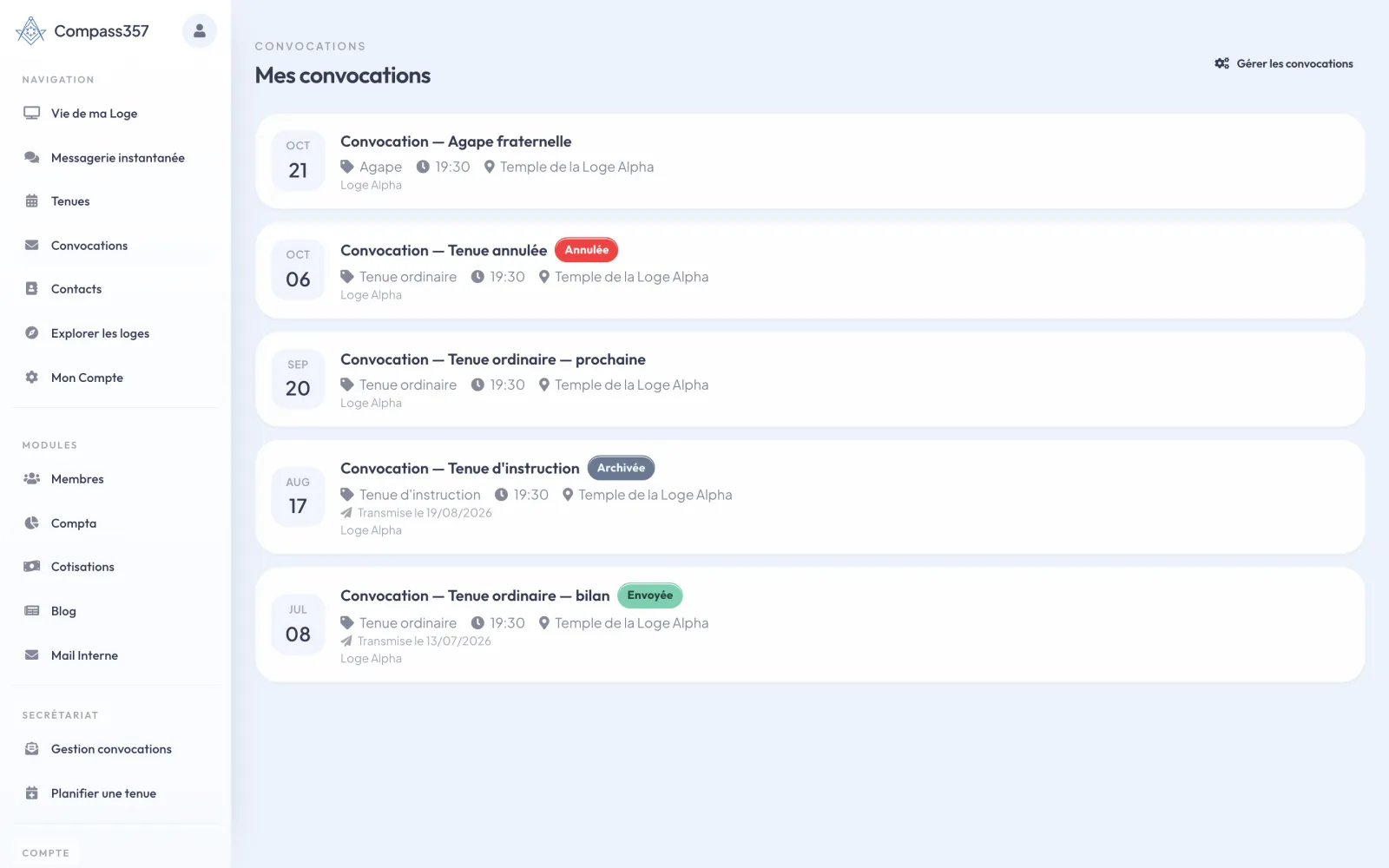 Gestion des convocations dans Compass357
