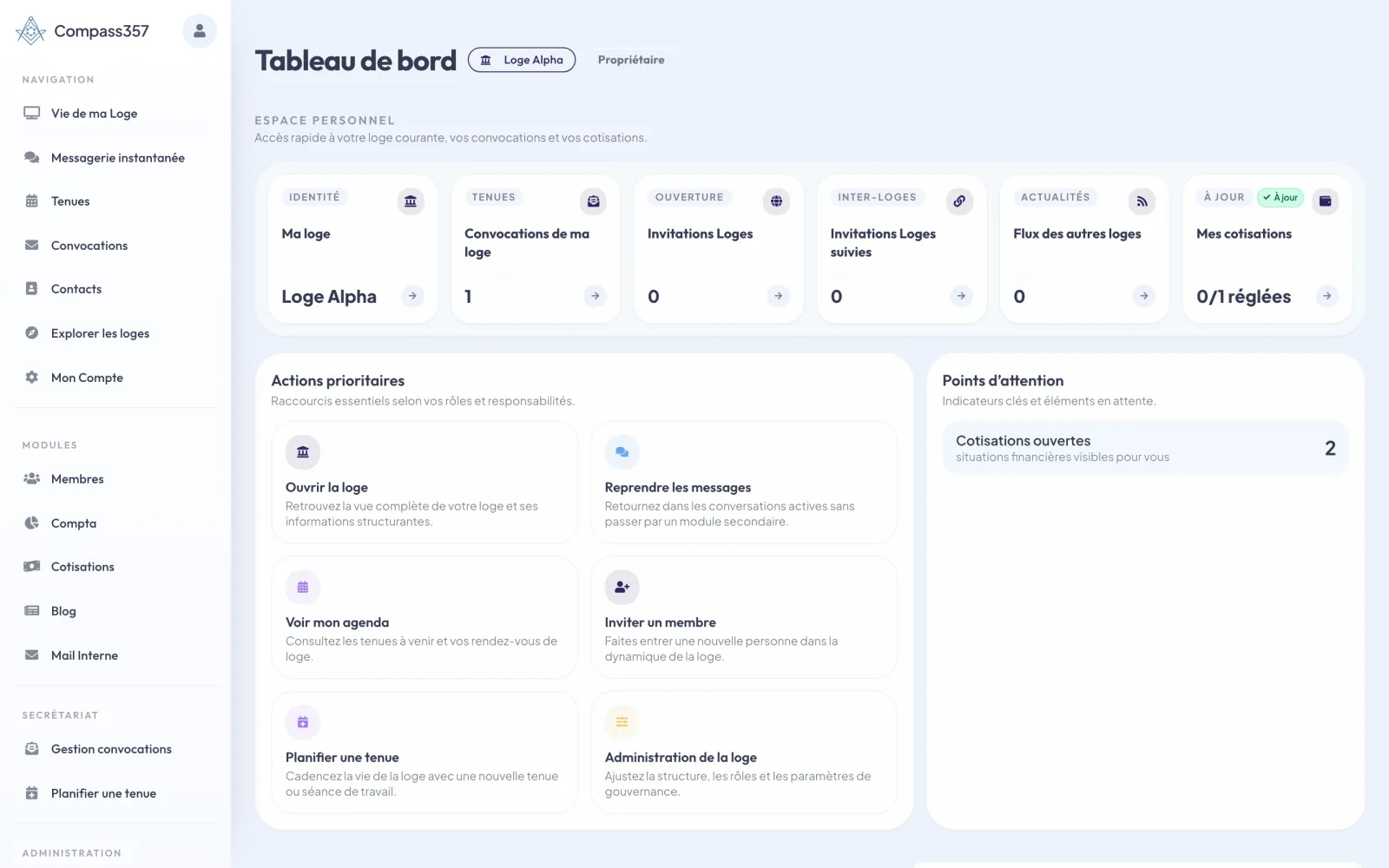 Tableau de bord et modules de Compass357
