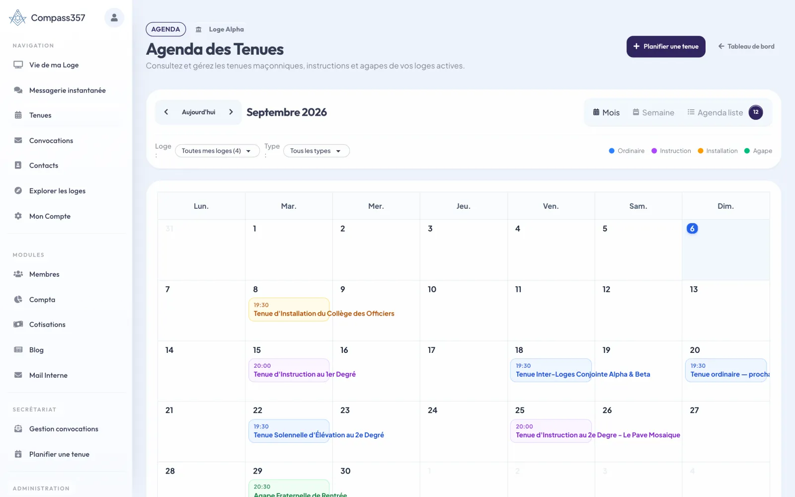 Agenda des tenues d'une loge dans Compass357